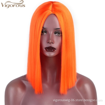 Vigorous Short Straight Bob Wig Middle Part Synthetic Cosplay Wigs For Women High Temperature 14 inches Orange Color Wholesale